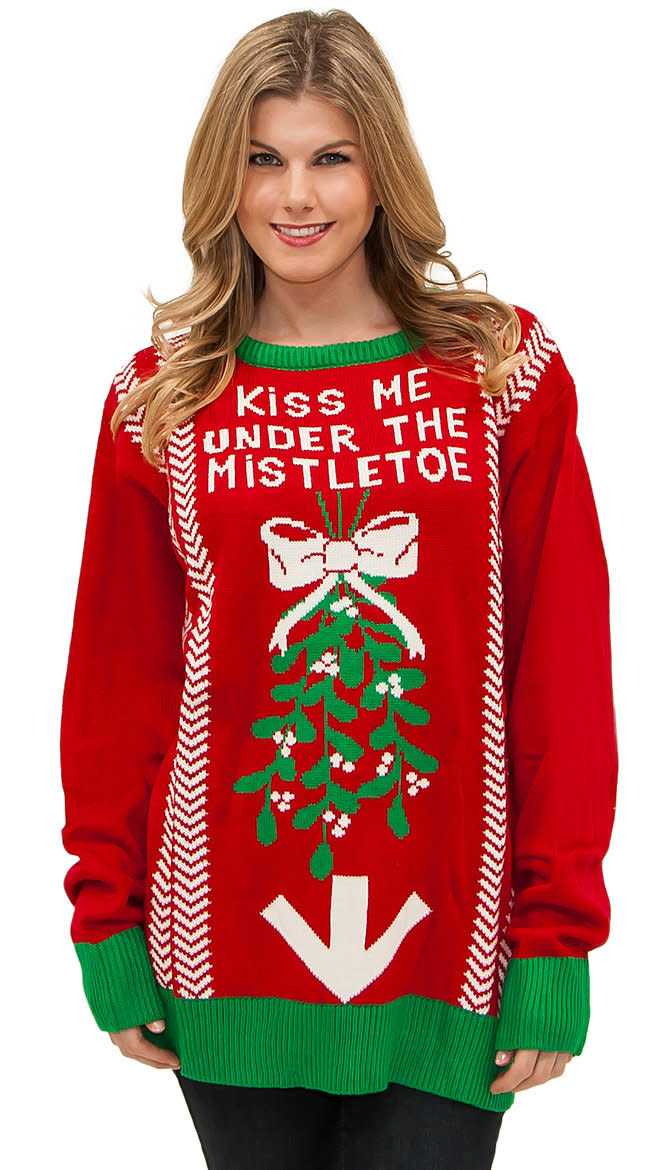 True, this sweater suggests the wearer might be open-minded towards public displays of affection. However, I doubt wearing a mass-produced ugly Christmas sweater that <a href="http://www.yandy.com/Under-the-Mistletoe-Sweater.php" target="_blank">hints none too subtly at oral sex</a> counts as consent.