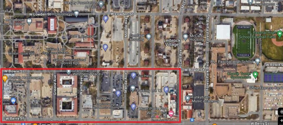 An image of the seven blocks TCU plans to develop on West Berry Street, seen outlined in red. Businesses in the area not owned by TCU, like the Hyatt Place Fort Worth/TCU and Dutch’s Hamburgers, will not be part of new development.