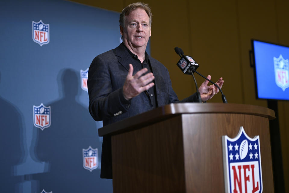 NFL commissioner Roger Goodell addresses reporters at the end of the NFL owners meetings, Tuesday, March 26, 2024, in Orlando, Fla. (AP Photo/Phelan M. Ebenhack)