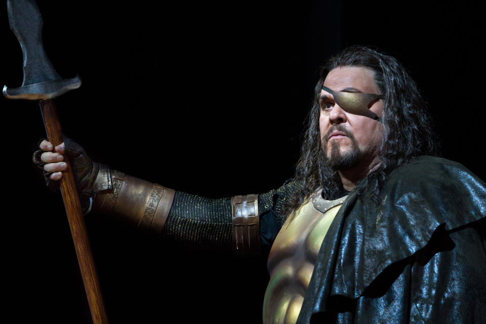 In this April 3, 2013 photo provided by the Metropolitan Opera, Mark Delavan performs in the role of Wotan in Wagner's "Das Rheingold," during the final dress rehearsal at the Metropolitan Opera in New York. (AP Photo/Metropolitan Opera, Marty Sohl)