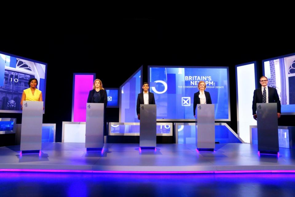 Kemi Badenoch, Penny Mordaunt, Rishi Sunak, Liz Truss and Tom Tugendhat at Here East studios in Stratford, east London, before the live television debate for the candidates for leadership of the Conservative party, hosted by Channel 4 (PA)