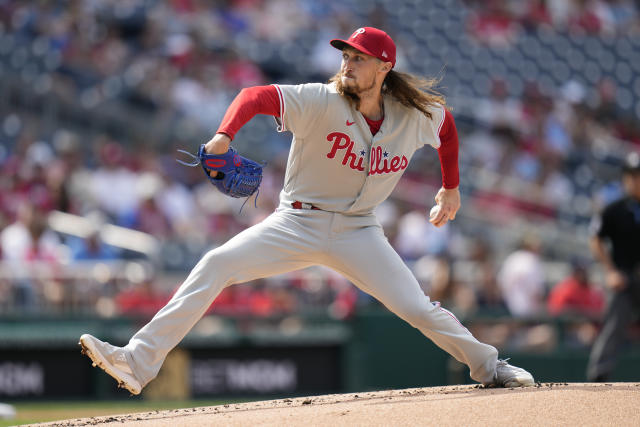 Philadelphia Phillies' Josh Harrison singles in the second inning of a  baseball game against the Washington Nationals, Saturday, June 3, 2023, in  Washington. J.T. Realmuto scored on the play. (AP Photo/Patrick Semansky