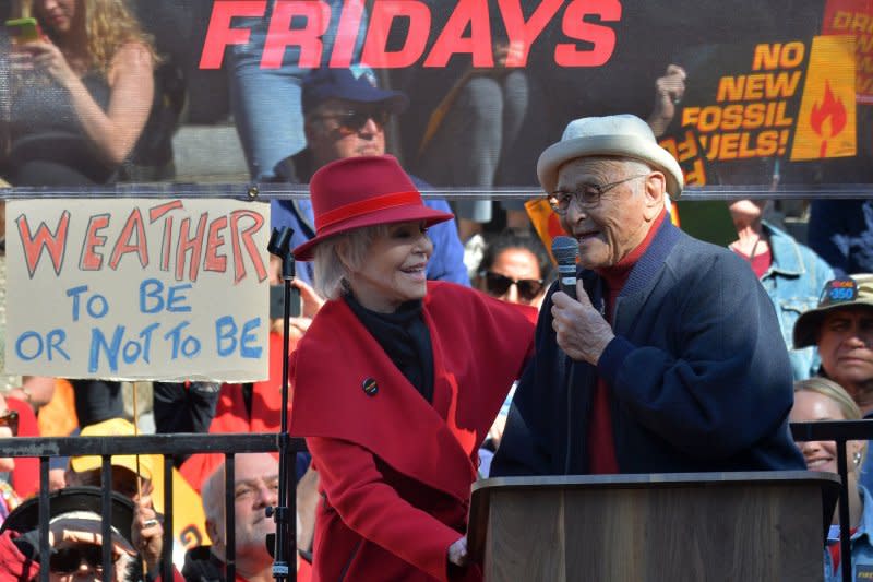 Norman Lear (R) and Jane Fonda attend a Fire Drill Friday event in Los Angeles in 2020. File Photo by Jim Ruymen/UPI