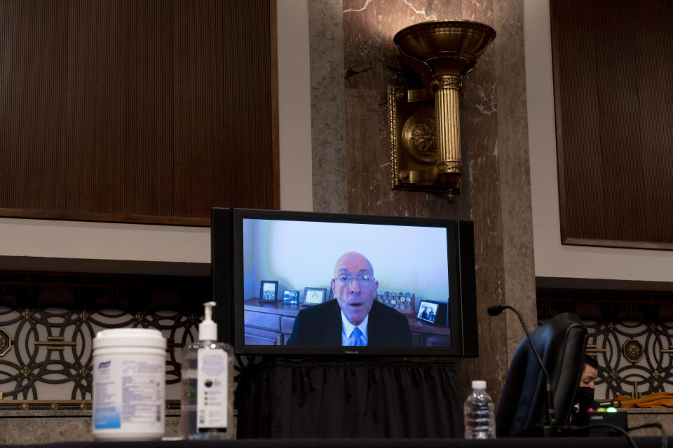 Former Sergeant at Arms Paul Irving testifies via teleconference before a Senate Homeland Security and Governmental Affairs & Senate Rules and Administration joint hearing on Capitol Hill, Washington, Tuesday, Feb. 23, 2021, to examine the January 6th attack on the Capitol. (AP Photo/Andrew Harnik, Pool)