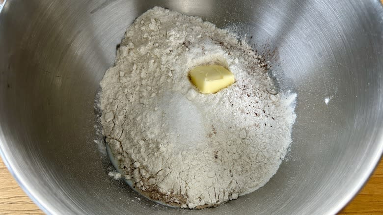 dough ingredients in stand mixer 