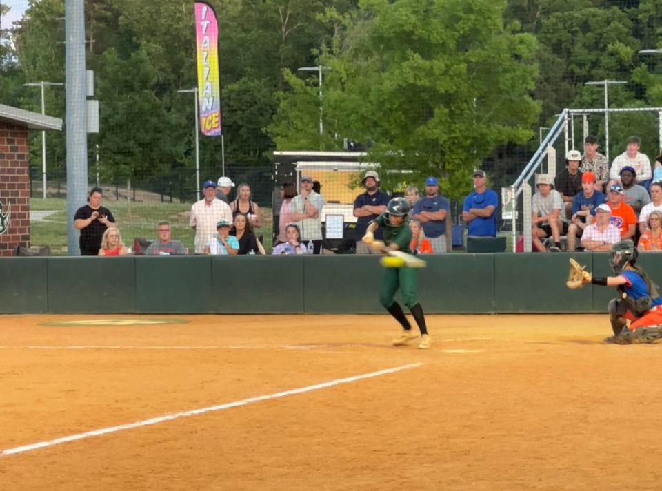 Catawba Ridge right fielder Aloni Hogan makes contact on a pitch. Hogan went 1-3 with an inside-the-park home run in the Copperheads’ 5-0 victory over Midland Valley on May 2.