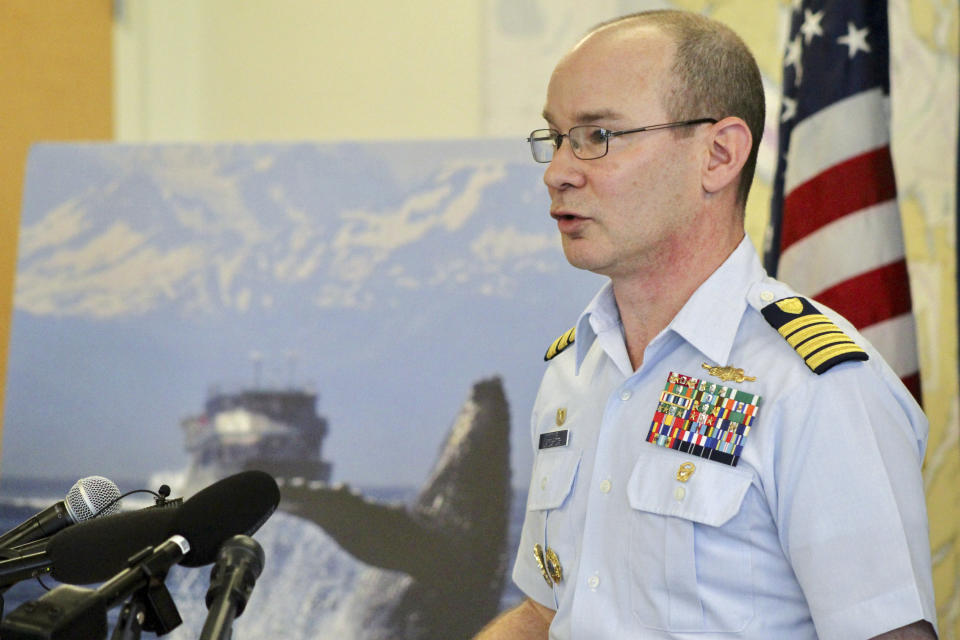 U.S. Coast Guard Capt. Mark McDonnell, Sector Puget Sound Commander, speaks at a press conference in Seattle, Wednesday, Feb. 21, 2024. The U.S. Coast Guard is launching a whale alert program in Washington's Salish Sea to help commercial and transit ships steer clear of the marine mammals. (AP Photo/Manuel Valdes)