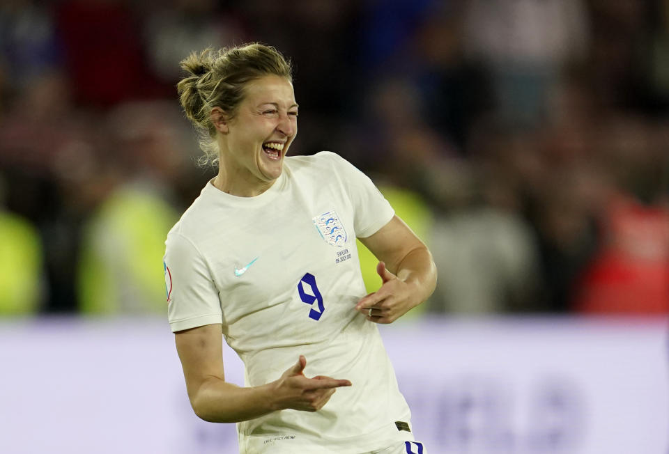 England's Ellen White celebrates at the end of the Women Euro 2022 semi final soccer match between England and Sweden at Bramall Lane Stadium in Sheffield, England, Tuesday, July 26, 2022. (AP Photo/Jon Super)