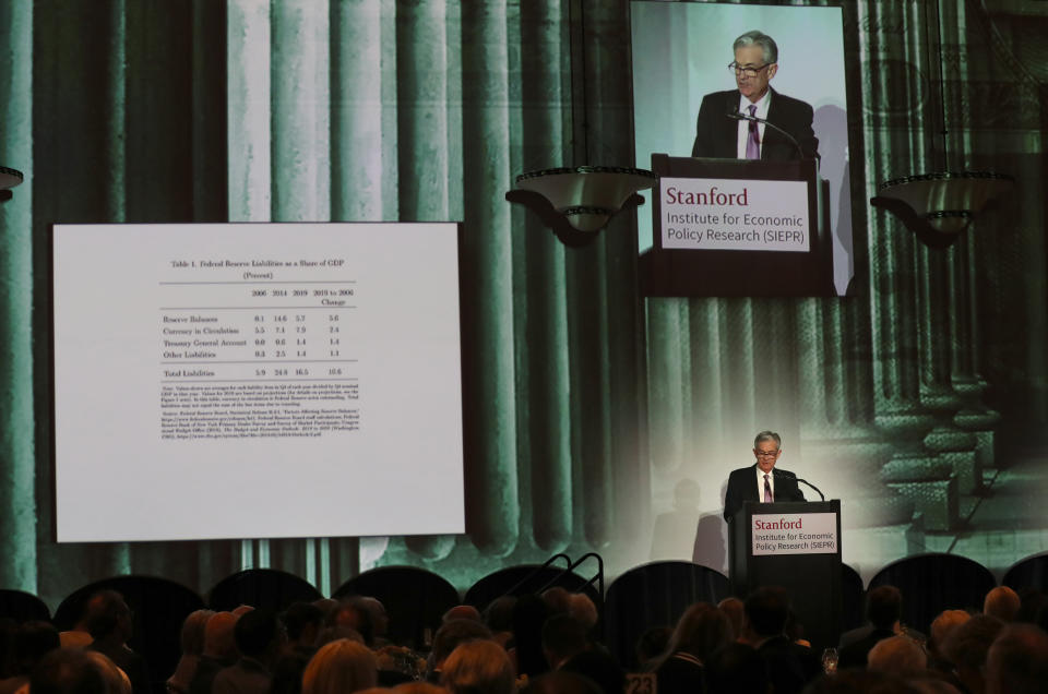 STANFORD, CALIFORNIA - MARCH 08: Federal Reserve Chairman Jerome Powell speaks during the 2019 Stanford Institute for Economic Policy Research (SIEPR) Economic Summit at Stanford University on March 08, 2019 in Stanford, California. Fed Chairman Jerome Powell delivered the keynote address at the annual SIEPR summit about monetary policy. (Photo by Justin Sullivan/Getty Images)