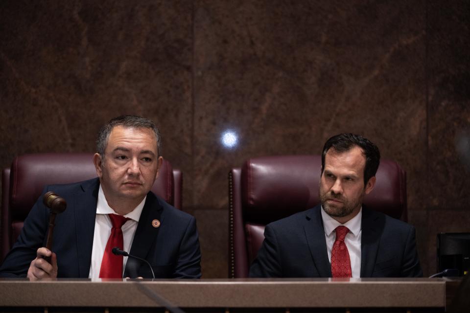 Arizona House Speaker Ben Toma (left) and Arizona Senate President Warren Petersen (right) call for attention after Gov. Katie Hobbs gave her State of the State during the opening session of the 56th Legislature in Phoenix on Jan. 9, 2023.