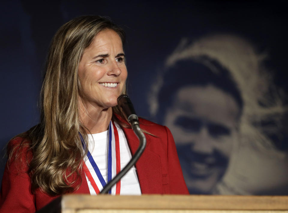 FILE - In this March 27, 2017 file photo, two-time World Cup soccer champion Brandi Chastain speaks during an induction ceremony for the National Soccer Hall of Fame in San Jose, Calif. Gov. Chastain is among several inductees for the next class of the California Hall of Fame. Gavin Newsom and first partner Jennifer Siebel Newsom announced the inductees on Wednesday, Nov. 13, 2019. (AP Photo/Marcio Jose Sanchez, File)