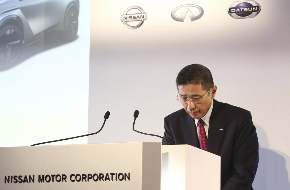 Nissan Motor Co. Chief Executive Hiroto Saikawa bows during a press conference at its Global Headquarters in Yokohama, near Tokyo Tuesday, May 14, 2019. Japanese automaker Nissan, reeling from the arrest of its former Chairman Carlos Ghosn, reported Tuesday that annual profit nose-dived to less than half of what it earned the previous year, and forecast even dimmer results going forward.(AP Photo/Koji Sasahara)