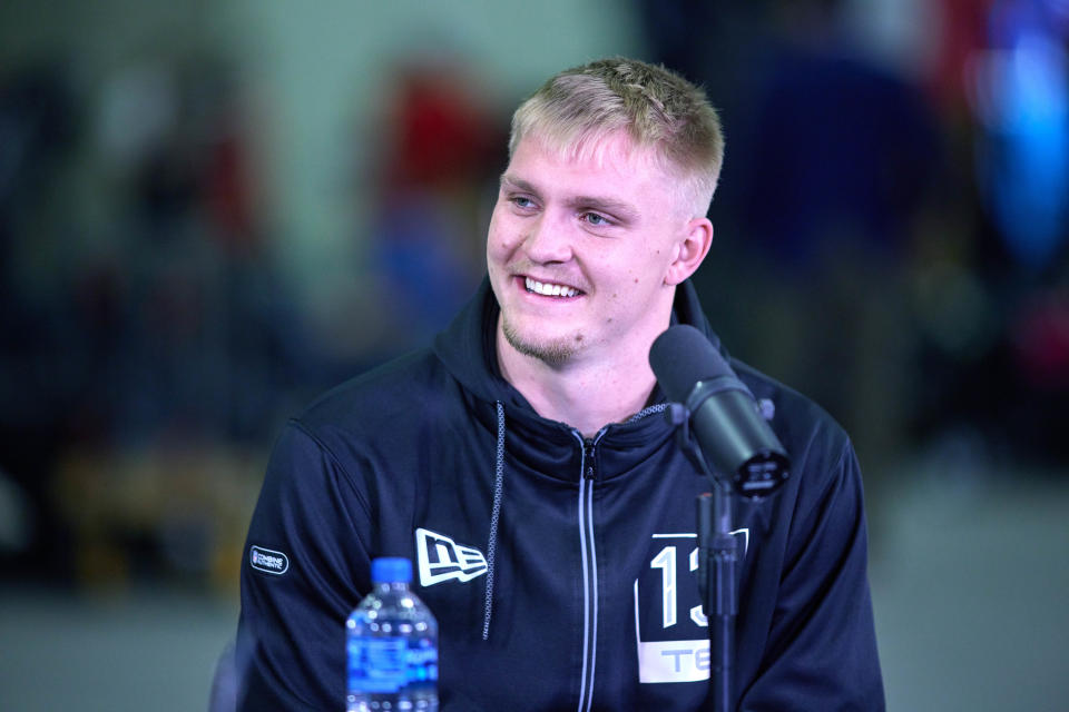 INDIANAPOLIS, IN - MARCH 02: Colorado State tight end Trey McBride answers questions from the media during the NFL Scouting Combine on March 2, 2022, at the Indiana Convention Center in Indianapolis, IN. (Photo by Robin Alam/Icon Sportswire via Getty Images)