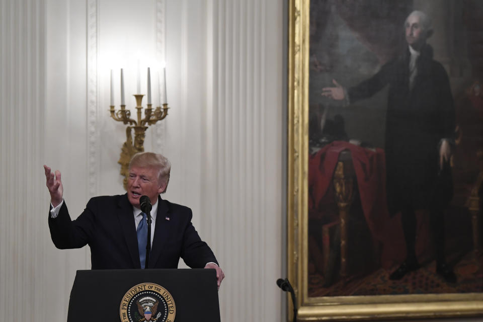 President Donald Trump speaks during a Medal of Honor Ceremony for U.S. Army Master Sgt. Matthew Williams, currently assigned to the 3rd Special Forces Group, in the East Room of the White House in Washington, Wednesday, Oct. 30, 2019. (AP Photo/Susan Walsh)