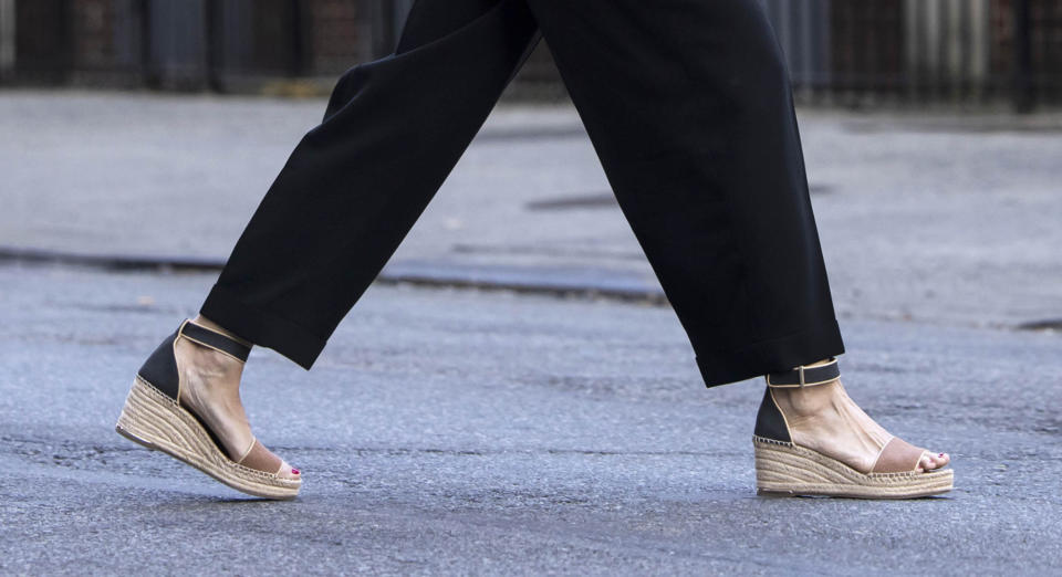 Katie Holmes wearing Franco Sarto sandals in New York on Wednesday. 