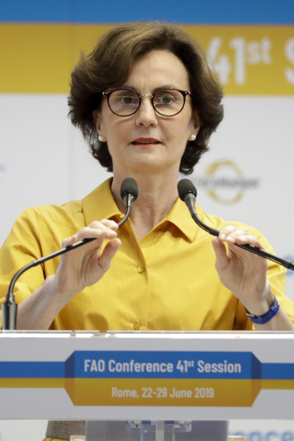 Catherine Geslain Lancelle, from France, one of the candidates for the Director-General position of the FAO (UN Food and Agriculture Organization), addresses a plenary meeting of the 41st Session of the Conference, at the FAO headquarters in Rome, Saturday, June 22, 2019. The new FAO Director-General will be voted on Sunday. (AP Photo/Andrew Medichini)