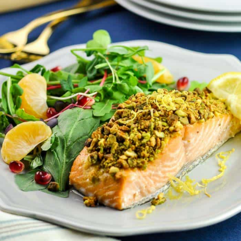 <p>Flavour and Savour</p><p>Add some crunch, color and a touch of elegance to your next salmon dinner with this healthy recipe for Pistachio-Crusted Salmon. Keto, paleo and Whole30 compliant.</p><p><strong>Get the recipe: <a href="https://www.flavourandsavour.com/pistachio-crusted-salmon/" rel="nofollow noopener" target="_blank" data-ylk="slk:Pistachio-Crusted Salmon;elm:context_link;itc:0;sec:content-canvas" class="link ">Pistachio-Crusted Salmon</a></strong></p>