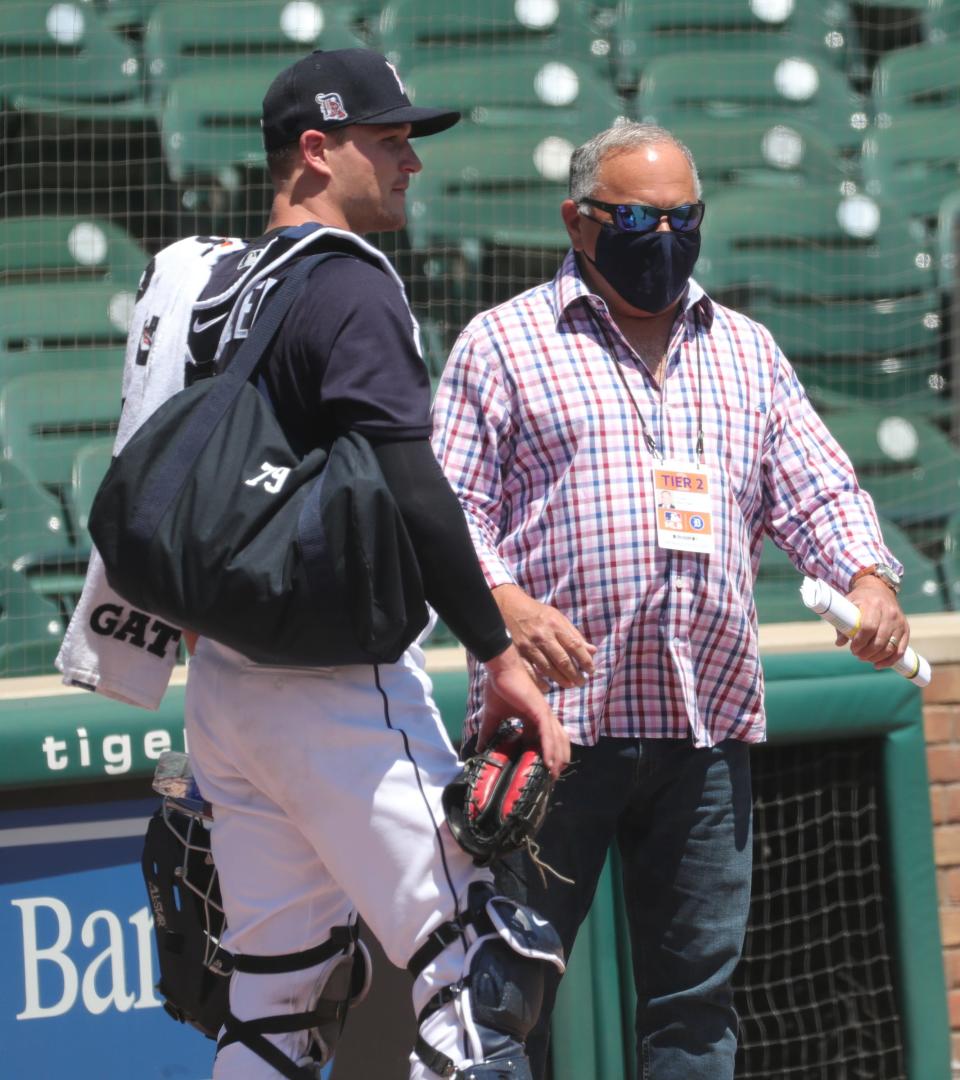 Detroit Tigers general manager Al Avila talks with catching prospect Dillon Dingler after practice at Comerica Park on July 4, 2020.