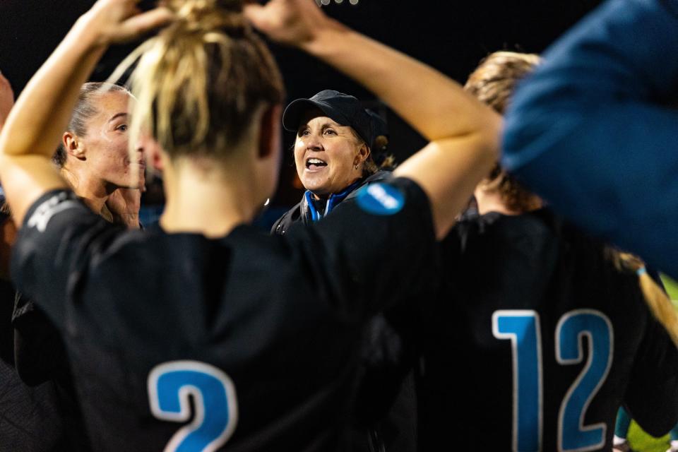 Brigham Young University head coach Jennifer Rockwood talks to her team after their win during the Sweet 16 round of the NCAA College Women’s Soccer Tournament against Michigan State at South Field in Provo on Saturday, Nov. 18, 2023. | Megan Nielsen, Deseret News