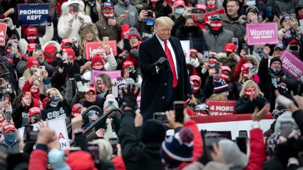 PHOTO: President Donald Trump greets supporters at a campaign rally at Oakland County International Airport on October 30, 2020 in Waterford, Mich., Oct. 30, 2020. (John Moore/Getty Images)