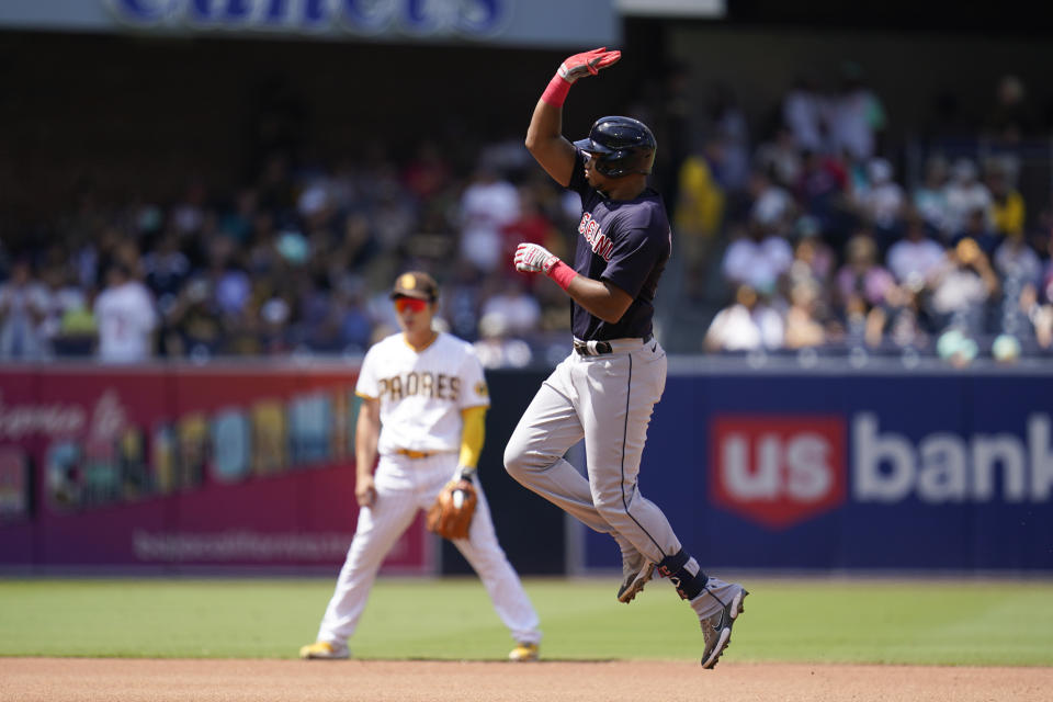 Cleveland Guardians' Oscar Gonzalez reacts after hitting a home run during the fourth inning of a baseball game against the San Diego Padres, Wednesday, Aug. 24, 2022, in San Diego. (AP Photo/Gregory Bull)