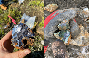 Mineralization present on the Gold Mountain Property. Left: oxidized botryoidal galena with malachite. Right: galena-chalcocite-malachite mineralization in a quartz-carbonate vein.