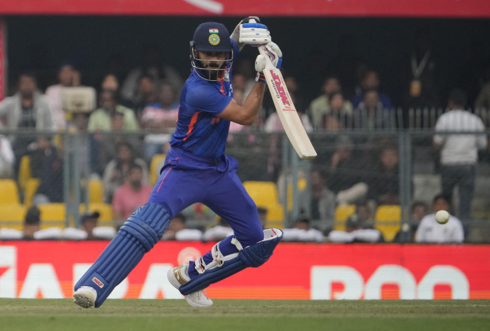 India's Virat Kohli plays a shot during the first one-day international cricket match between India and Sri Lanka in Guwahati, India, Tuesday, Jan. 10, 2023.(AP Photo/Anupam Nath)