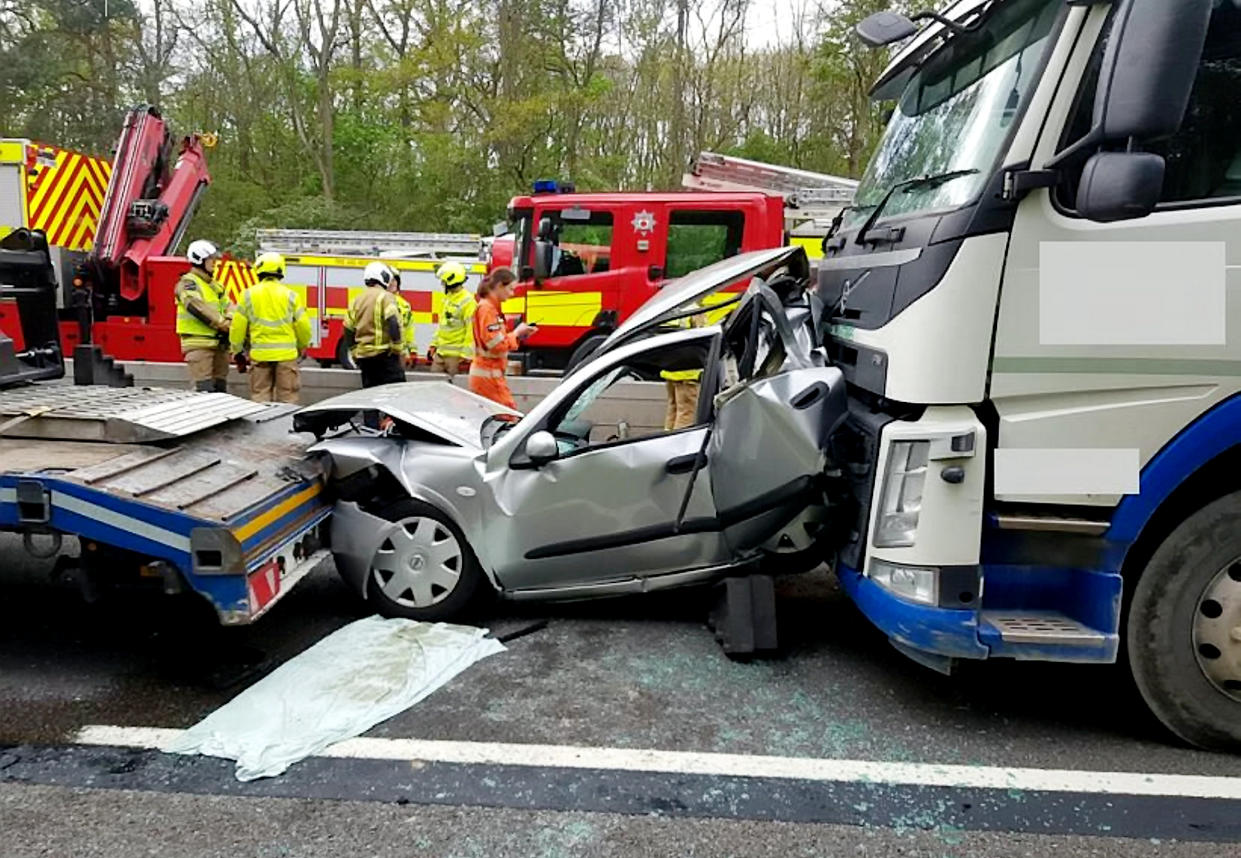 The car was completely crushed between three lorries in a horrific motorway crash caused by tailgating. (SWNS)