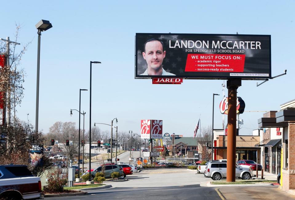 A billboard on West Sunshine Street for SPS School Board candidate Landon McCarter on Monday, Dec. 4, 2023.