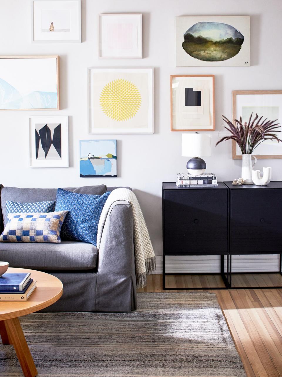 neutral-colored living room with accent gallery wall