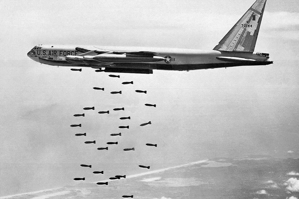 Indochina / Laos / Cambodia / Vietnam: United States Air Force Boeing B-52 Stratofortress releasing a payload of bombs over Indochina as part of 'Operation Arc Light' (1965-1973), c. 1968. (Universal Images Group / Universal Images Group via Getty file)
