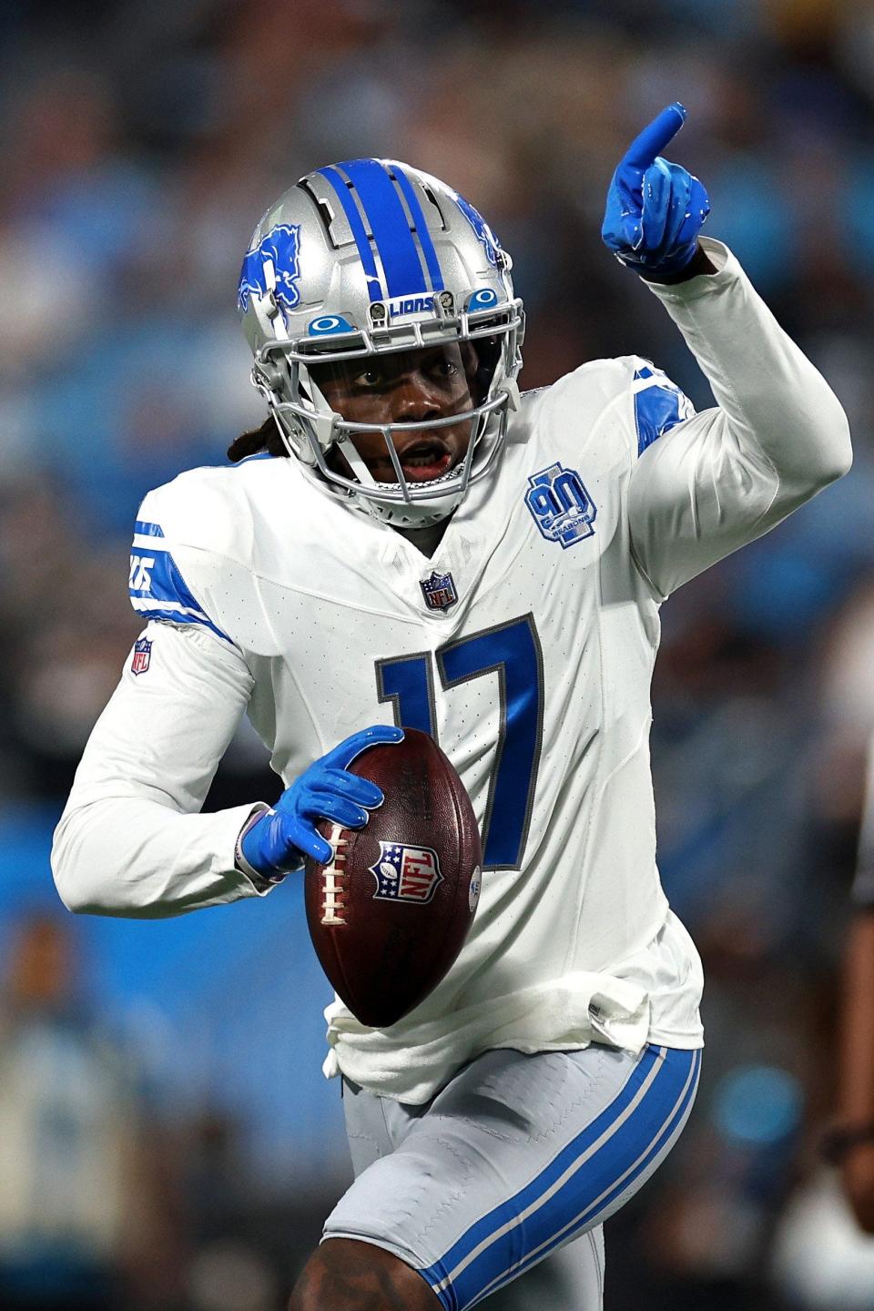 Lions QB Teddy Bridgewater signals to a teammate during the first quarter of a preseason game against the Panthers on Saturday, Aug. 25, 2023, in Charlotte, North Carolina.