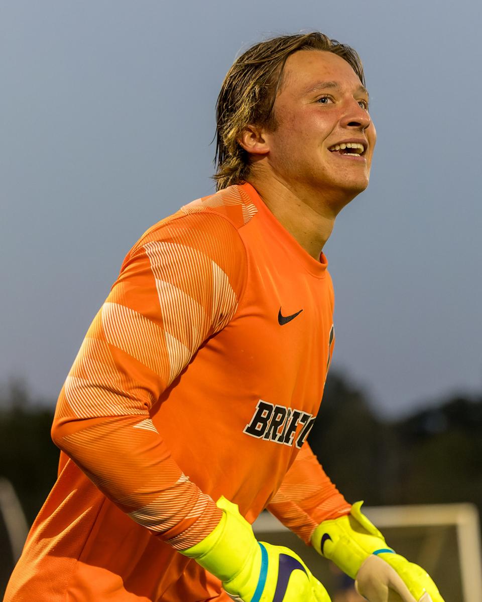 Brighton's Charlie Burchfield played the second half of a shared shutout during a 3-0 victory over Hartland Monday, Aug. 28, 2023.