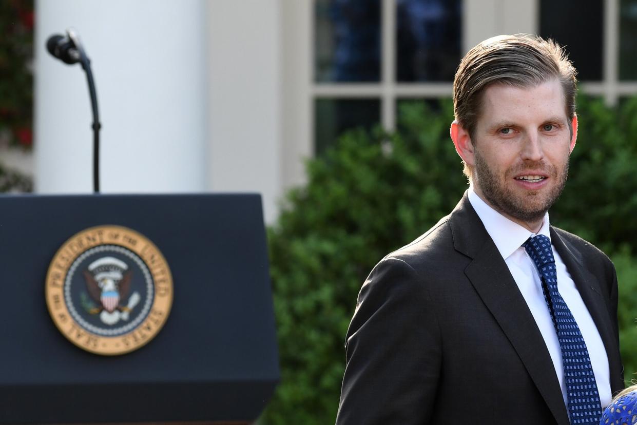 Eric Trump, son of the US president, attends a ceremony for US golfer Tiger Woods in the Rose Garden of the White House in Washington, DC, on May 6, 2019.