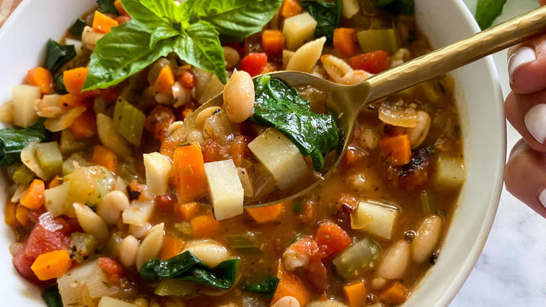 Minestrone soup on spoon