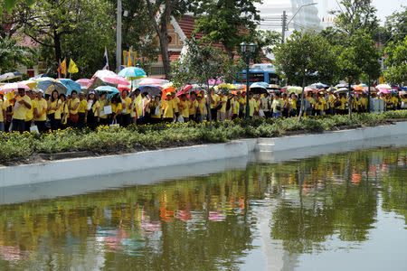 People stand in line to pass through a security check before attending a coronation procession for Thailand's newly crowned King Maha Vajiralongkorn near the Grand Palace in Bangkok, Thailand May 5, 2019. REUTERS/Jorge Silva