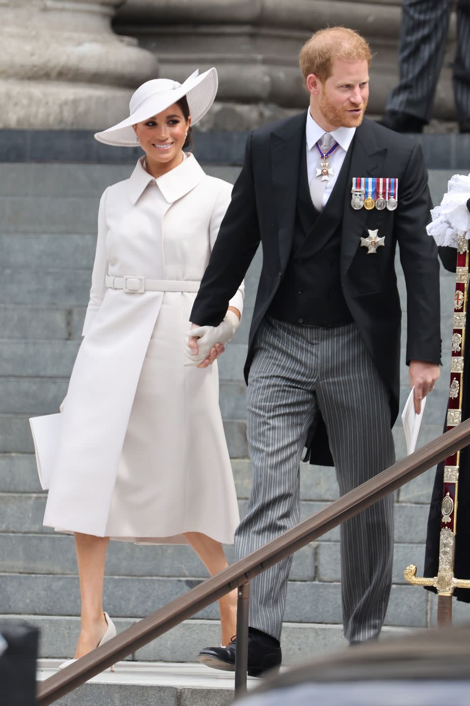 london, england   june 03 meghan, duchess of sussex and prince harry, duke of sussex departing st pauls cathedral after the queen elizabeth ii platinum jubilee 2022   national service of thanksgiving on june 03, 2022 in london, england the platinum jubilee of elizabeth ii is being celebrated from june 2 to june 5, 2022, in the uk and commonwealth to mark the 70th anniversary of the accession of queen elizabeth ii on 6 february 1952 photo by neil mockfordgc images