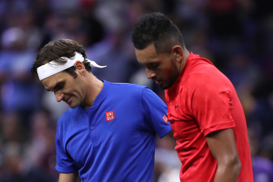 Federe and Kyrgios embrace after their Laver Cup clash. Pic: Getty