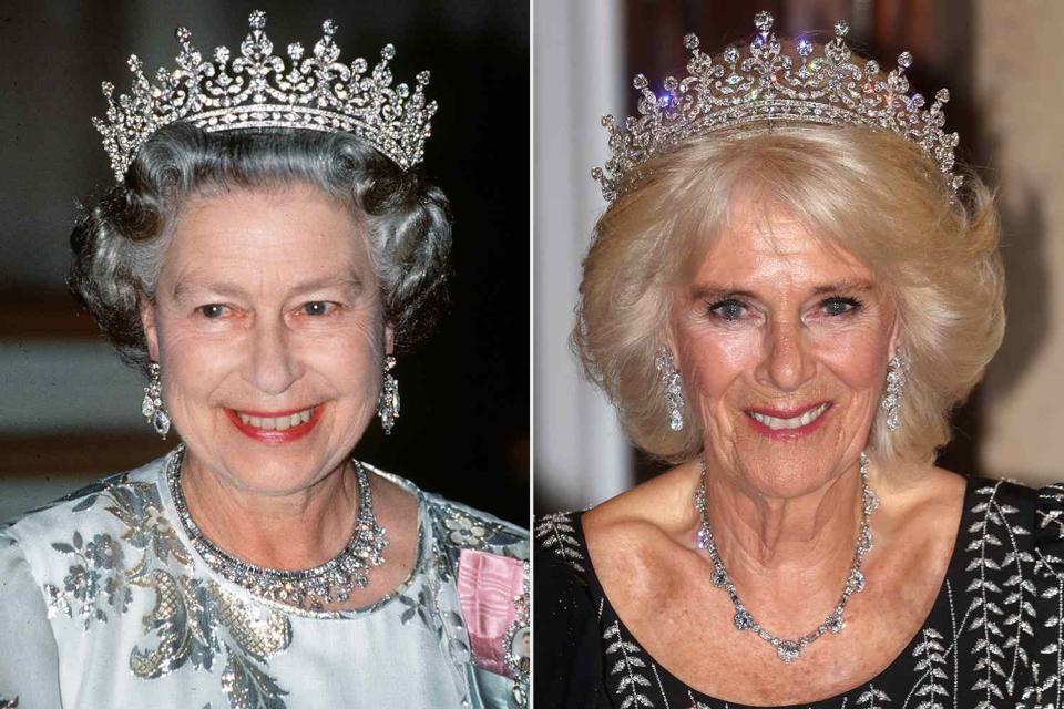 <p>Tim Graham Photo Library via Getty; Chris Jackson/Getty</p> Queen Elizabeth and Queen Camilla in the Girls of Great Britain and Ireland tiara