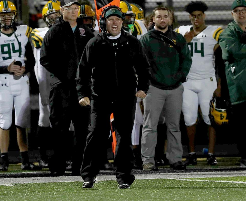 Sycamore coach Scott Dattilo reacts during the football game against Lakota East, Friday, Oct. 29, 2021.