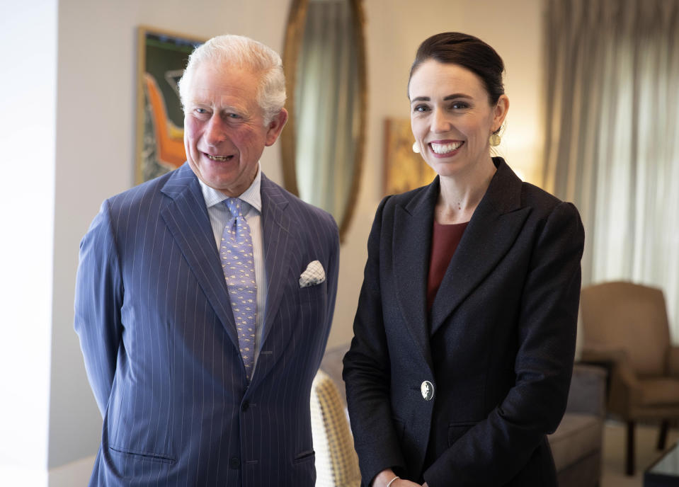 Britain's Prince Charles talks with New Zealand Prime Minister Jacinda Ardern at Government House in Auckland, New Zealand, Tuesday, Nov. 19, 2019. Prince Charles and his wife Camilla are on a weeklong trip, during which they plan to visit the city of Christchurch and the historic treaty grounds at Waitangi, where the nation's founding document was signed.(Patrice Allen/Pool Photo via AP)