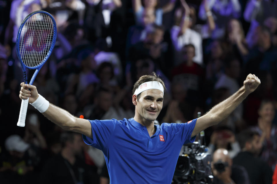 Team Europe's Roger Federer celebrates after winning against Team World's Nick Kyrgios during their match at the Laver Cup tennis event in Geneva, Switzerland, Saturday, Sept. 21, 2019. (Salvatore Di Nolfi/Keystone via AP)