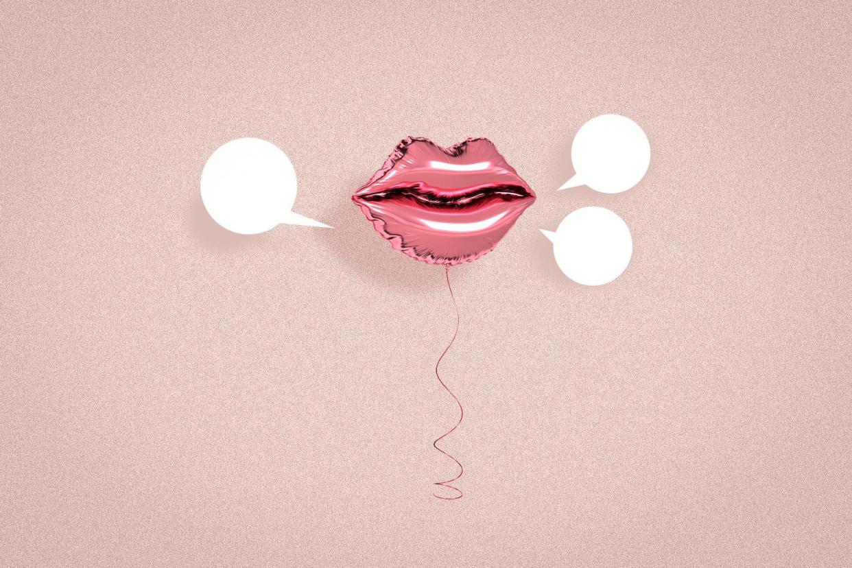 A balloon set of lips, with several speech bubbles around it.