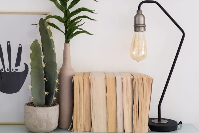 Lamp next to organized books on credenza.