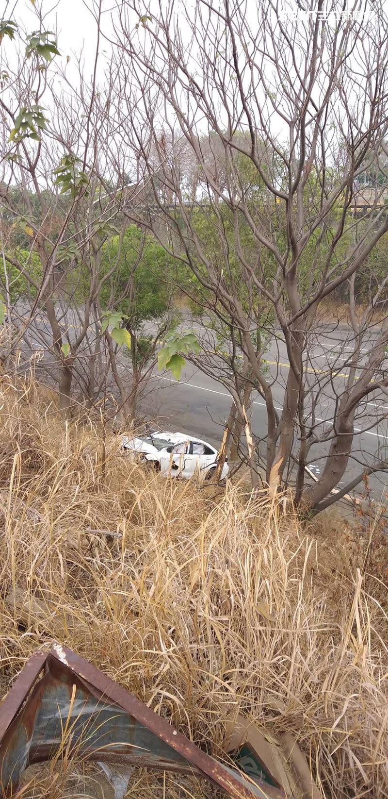 白色轎車突然從私設道路衝下邊坡，駕駛林男命危送醫搶命後仍不治。（圖／翻攝畫面）