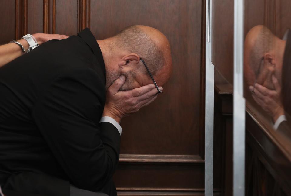 Steve Powell, Sydney's father reacts to a guilty verdict in her trial in Summit County Common Pleas Judge Kelly McLaughlin's courtroom. Sydney Powell was found guilty for the stabbing death of her mother.