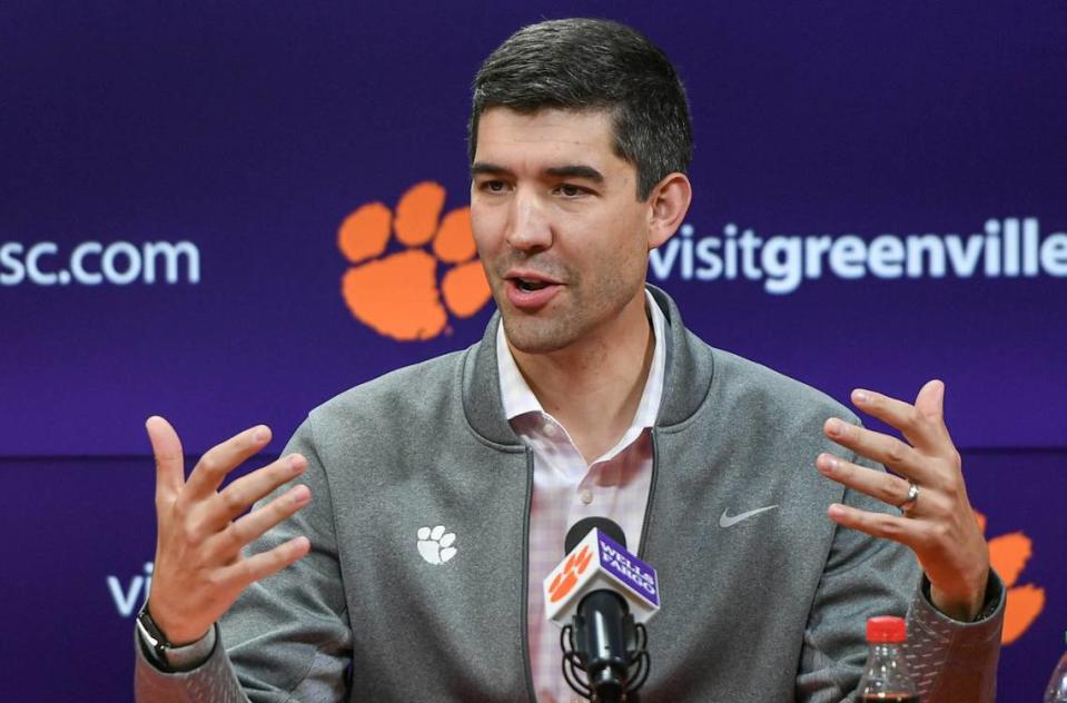 Clemson Director of Athletics Graham Neff speaks in the Smart Family Media Center at the Smart Family Media Center at the Poe Indoor Practice Facility in Clemson, S.C. Tuesday, Nov 21, 2023.