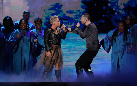 Pink performs at the Brit Awards at the O2 Arena in London, Britain, February 20, 2019. REUTERS/Hannah McKay