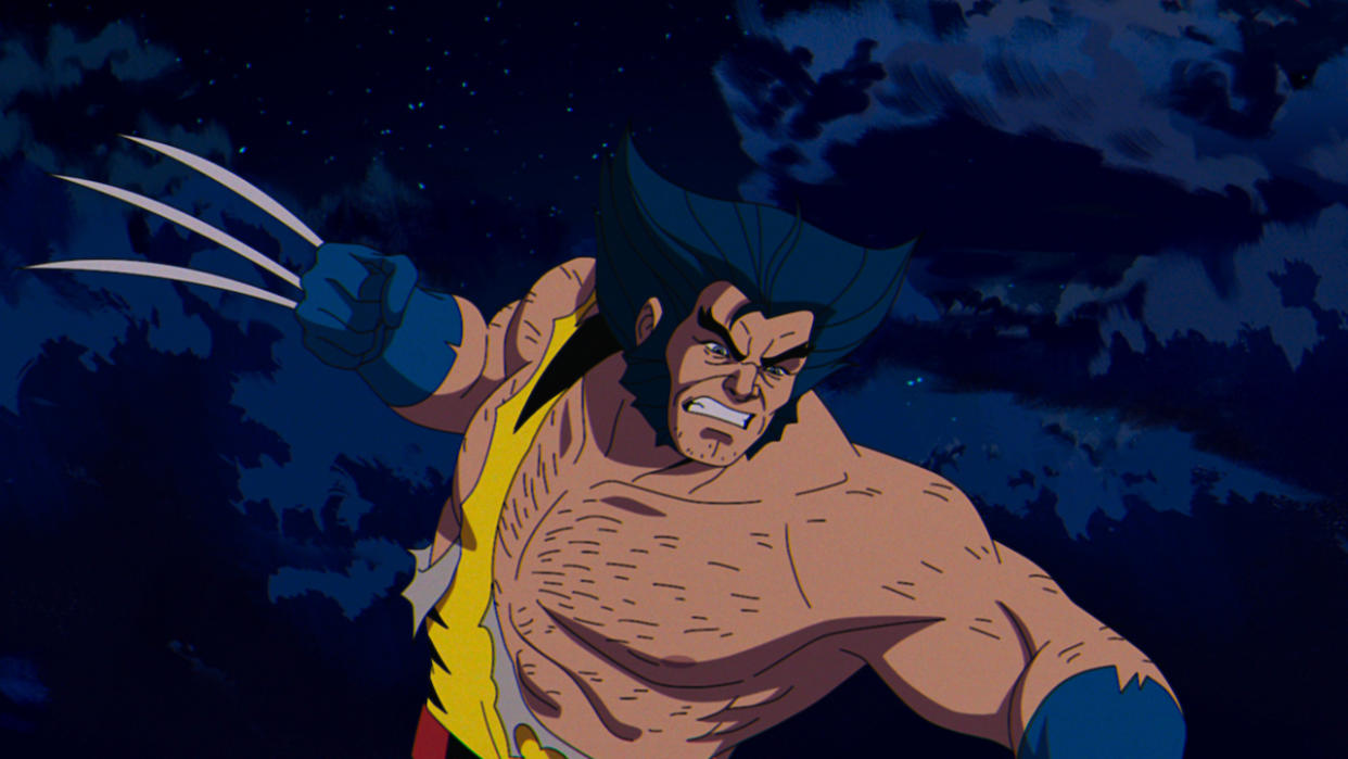  X-Men '97's Wolverine with shirt torn off and claws unsheathed. 