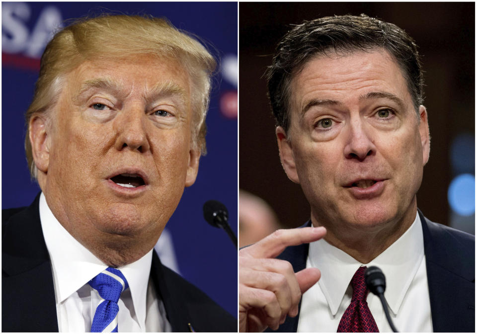 This combination photo shows President Donald Trump speaking during a roundtable discussion on tax policy in White Sulphur Springs, W.Va., on April 5, 2018, left, and former FBI director James Comey speaking during a Senate Intelligence Committee hearing on Capitol Hill in Washington on June 8, 2017. (AP Photo/Evan Vucci, left, and Andrew Harnik)